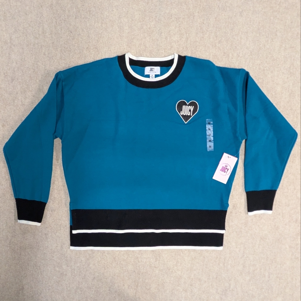 *NWT Juicy Couture Teal Black Crewneck Lightweight Sweater Heart Y2K 90s Medium